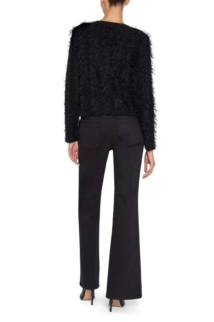 Relaxed-fit cardigan with fringe trim and open front, long sleeves; back view on model.