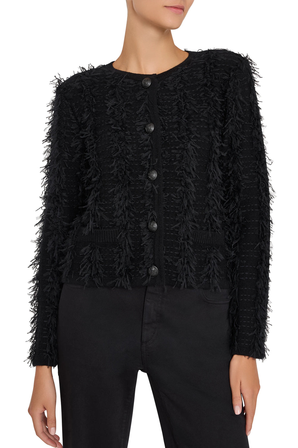 Longline open-front cardigan with fringe trim, soft knit fabric, and relaxed fit. Front view on white.
