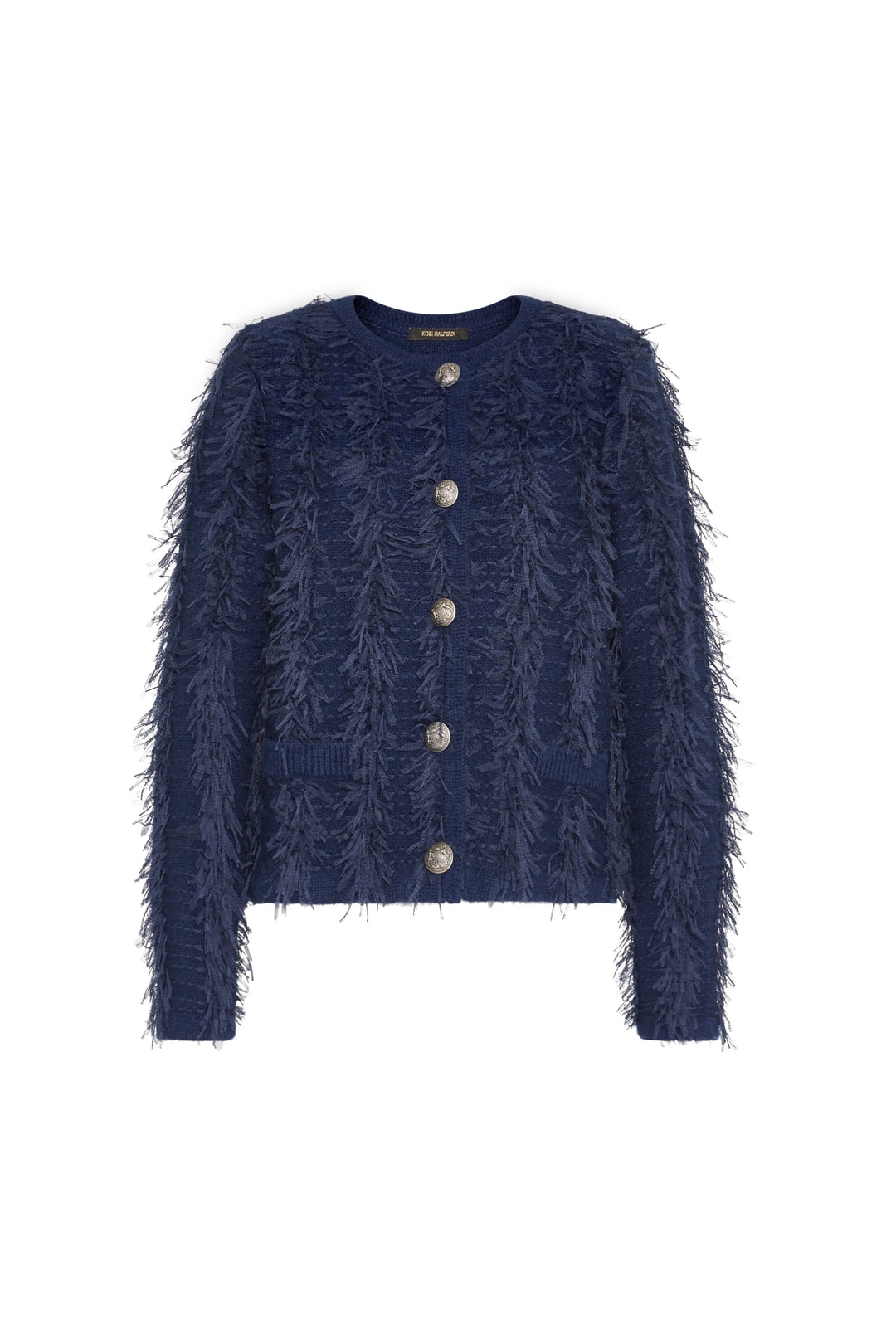 Navy blue cardigan with fringe trim, silver buttons, patch pockets; relaxed fit, textured knit. Front view on white.