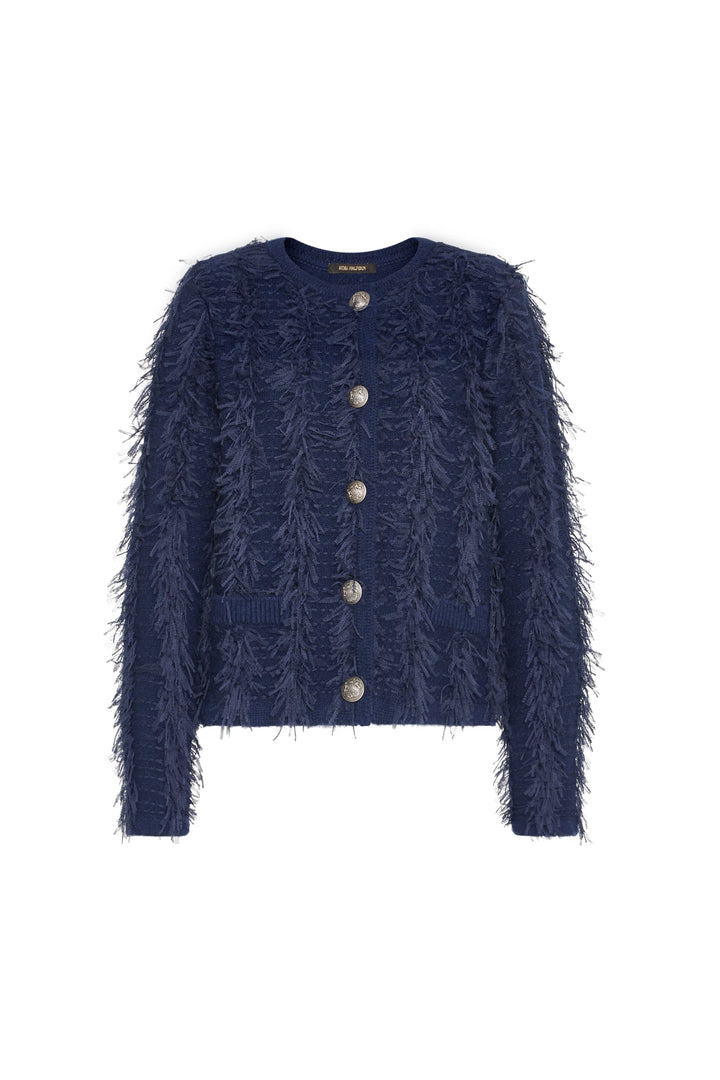 Navy blue cardigan with fringe trim, silver buttons, patch pockets; relaxed fit, textured knit. Front view on white.