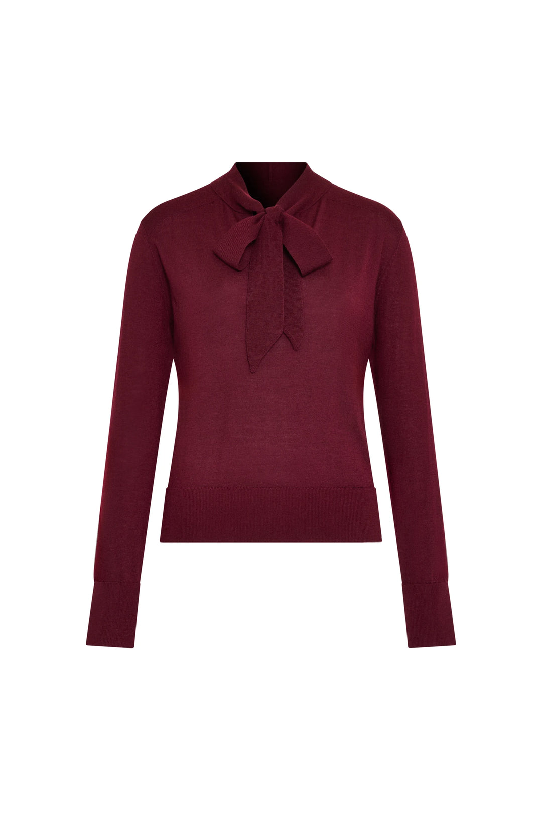 Long-sleeve sweater with relaxed silhouette, tie neckline, fine knit fabric construction; front view on white.
