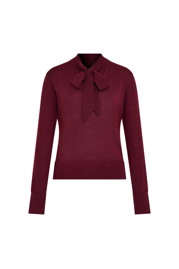 Long-sleeve sweater with relaxed silhouette, tie neckline, fine knit fabric construction; front view on white.