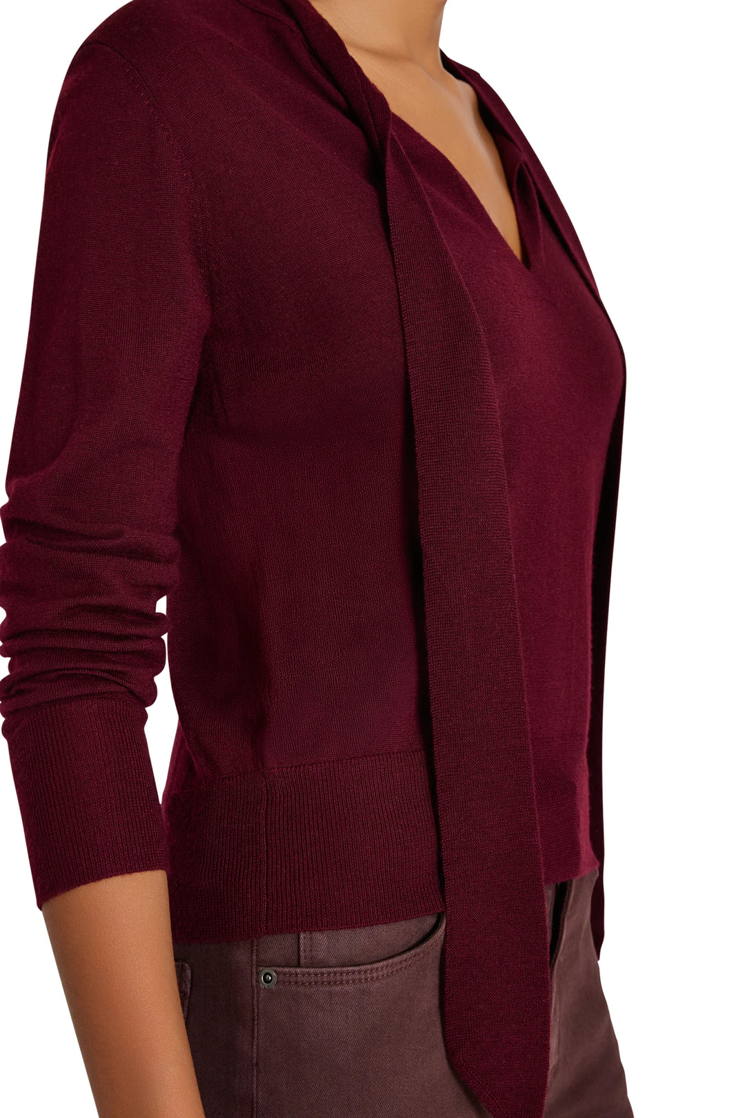 Felicity Sweater with tie neckline, relaxed fit, soft knit fabric, ribbed cuffs and hem. Front view on white.