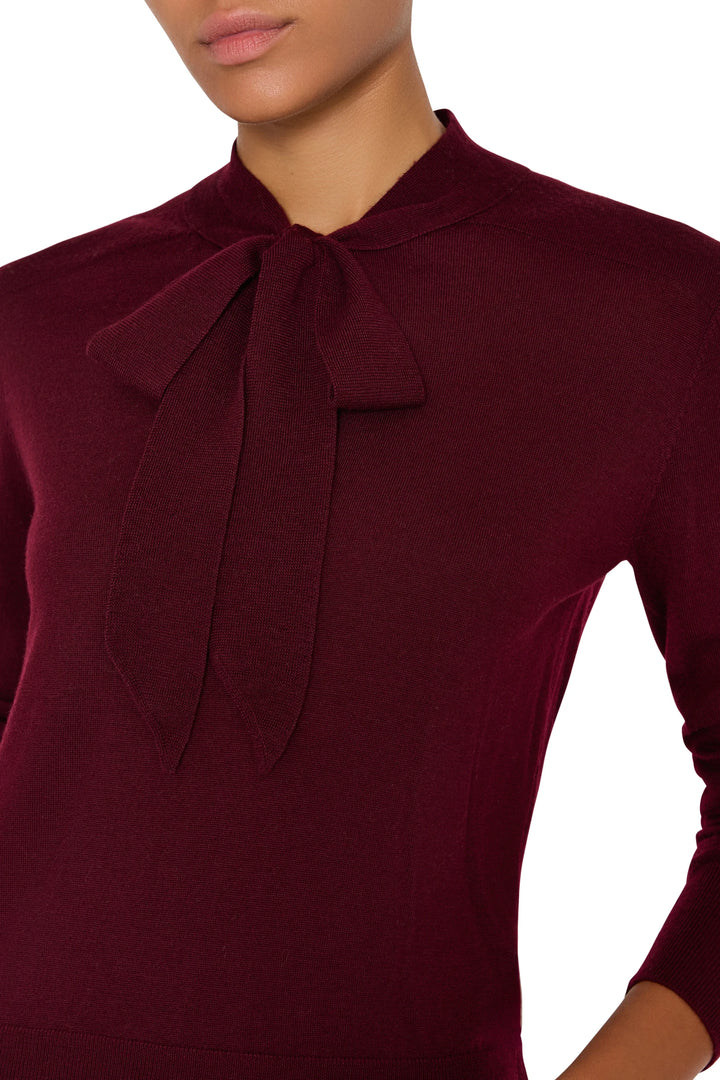 Felicity Sweater with knit tie neckline, classic fit, fine knit texture; front view on model.