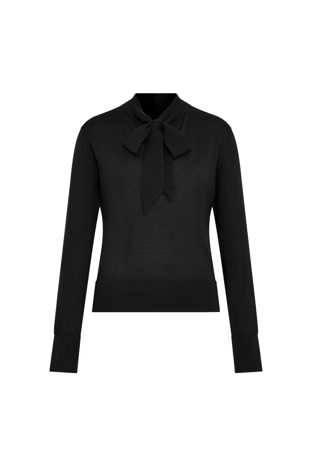 Black Felicity Sweater with long sleeves, tie neckline, soft knit fabric and relaxed silhouette; front view on white.