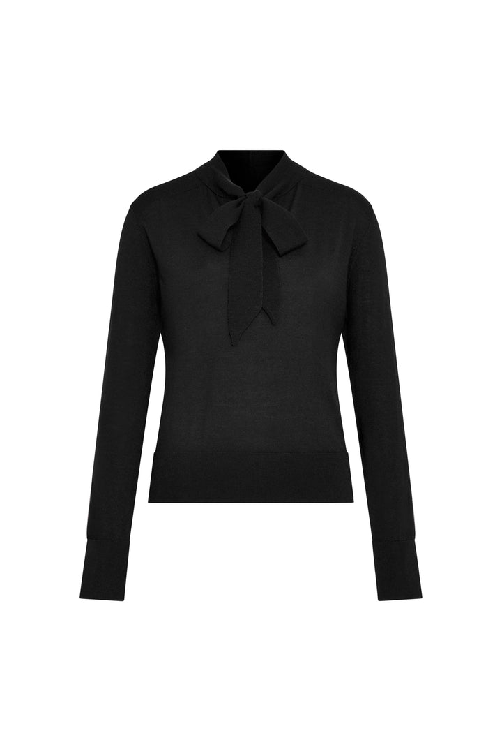 Black Felicity Sweater with long sleeves, tie neckline, soft knit fabric and relaxed silhouette; front view on white.