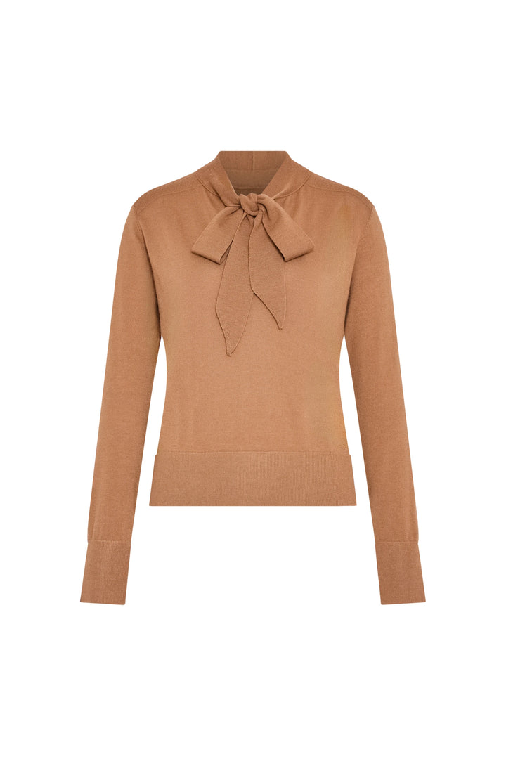 Long-sleeve sweater with tie neckline, ribbed knit fabric, relaxed fit and straight hem; front view on white.