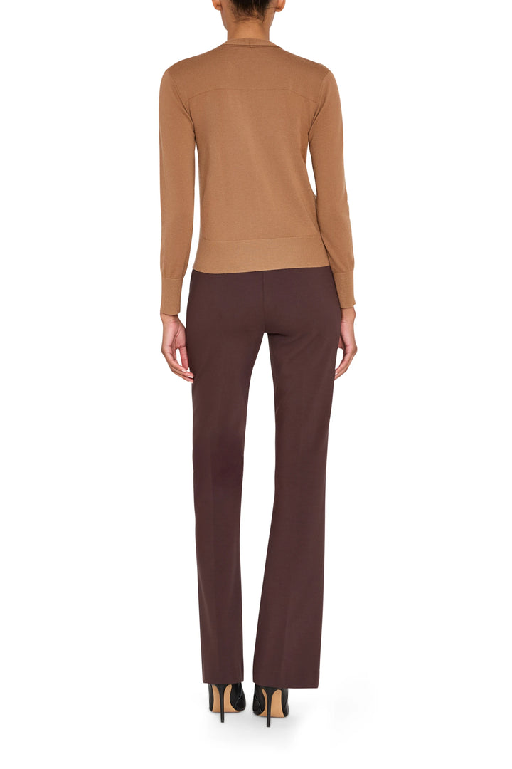 Tan Felicity Sweater with tie neckline, relaxed silhouette, long sleeves; back view on model.