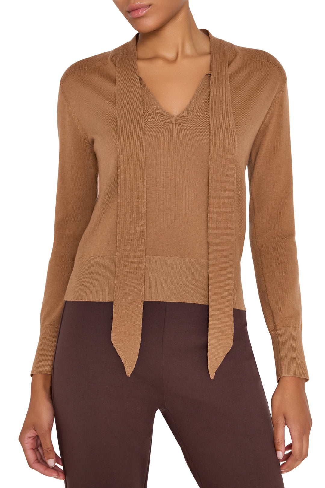 Relaxed-fit sweater with tie neckline, soft knit fabric, long sleeves. Front view on model.