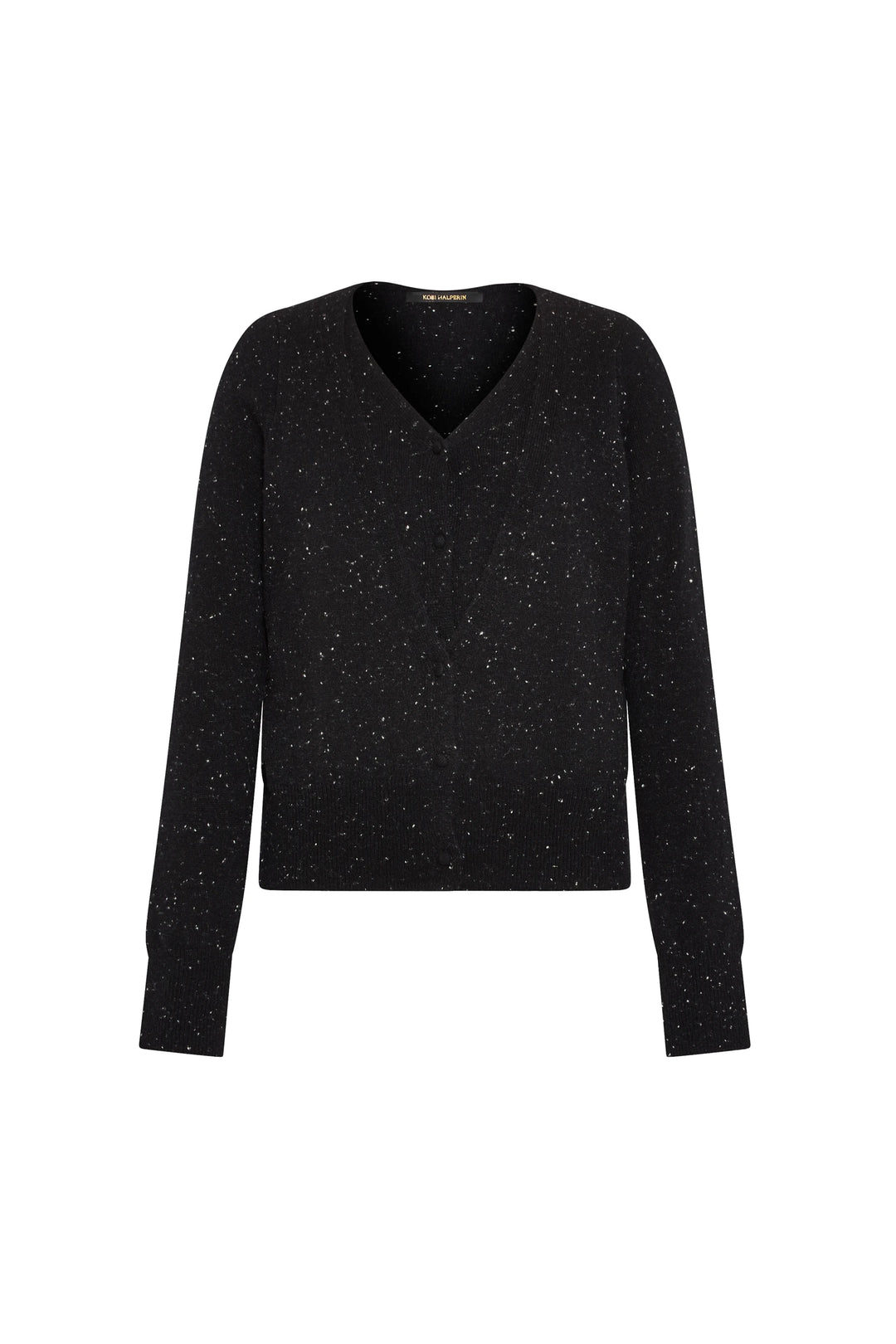 Double-layer cashmere cardigan with long sleeves and contrast trim, soft silhouette; front view on white.