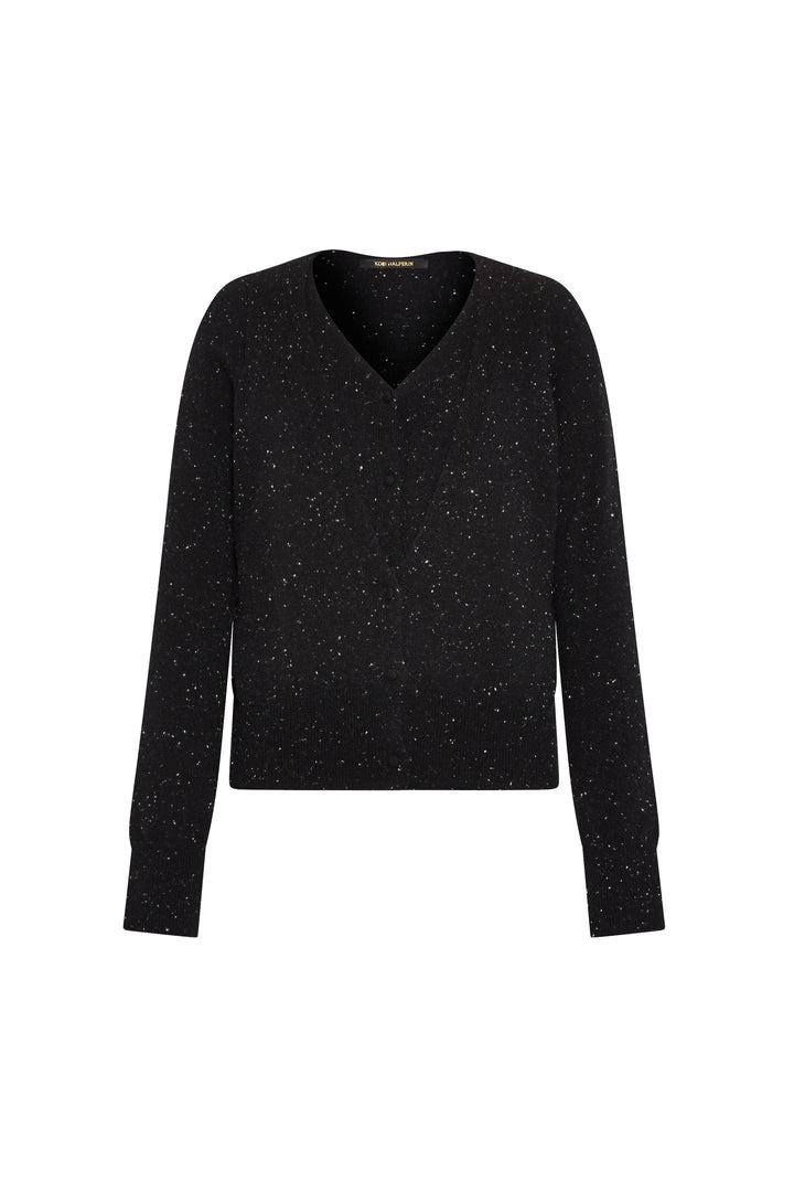 Double-layer cashmere cardigan with long sleeves and contrast trim, soft silhouette; front view on white.