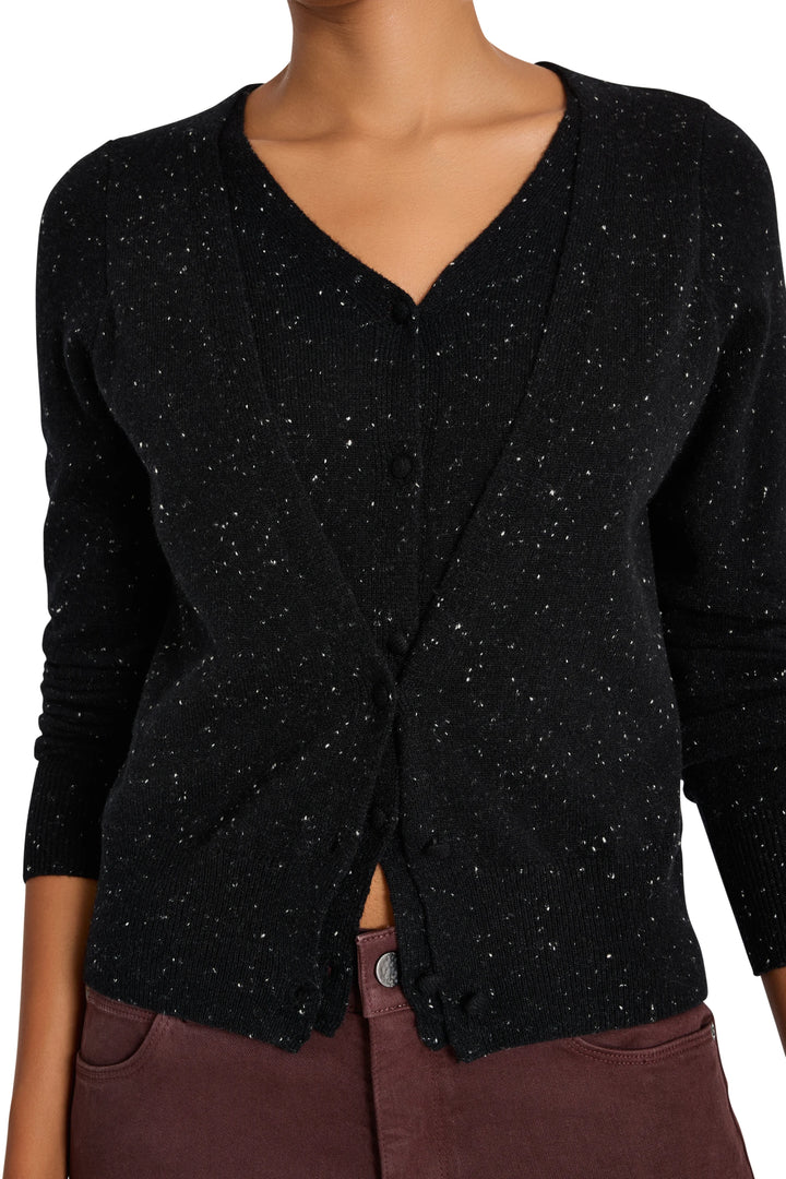 Heather cashmere cardigan with double-layer construction and open front, hip length; front view on model.