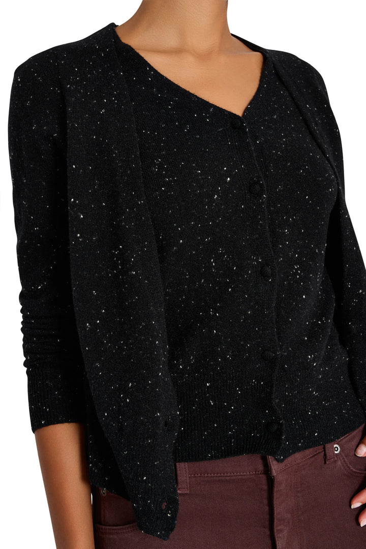 Double layer heather cashmere cardigan with black buttons and classic fit, front view on white.