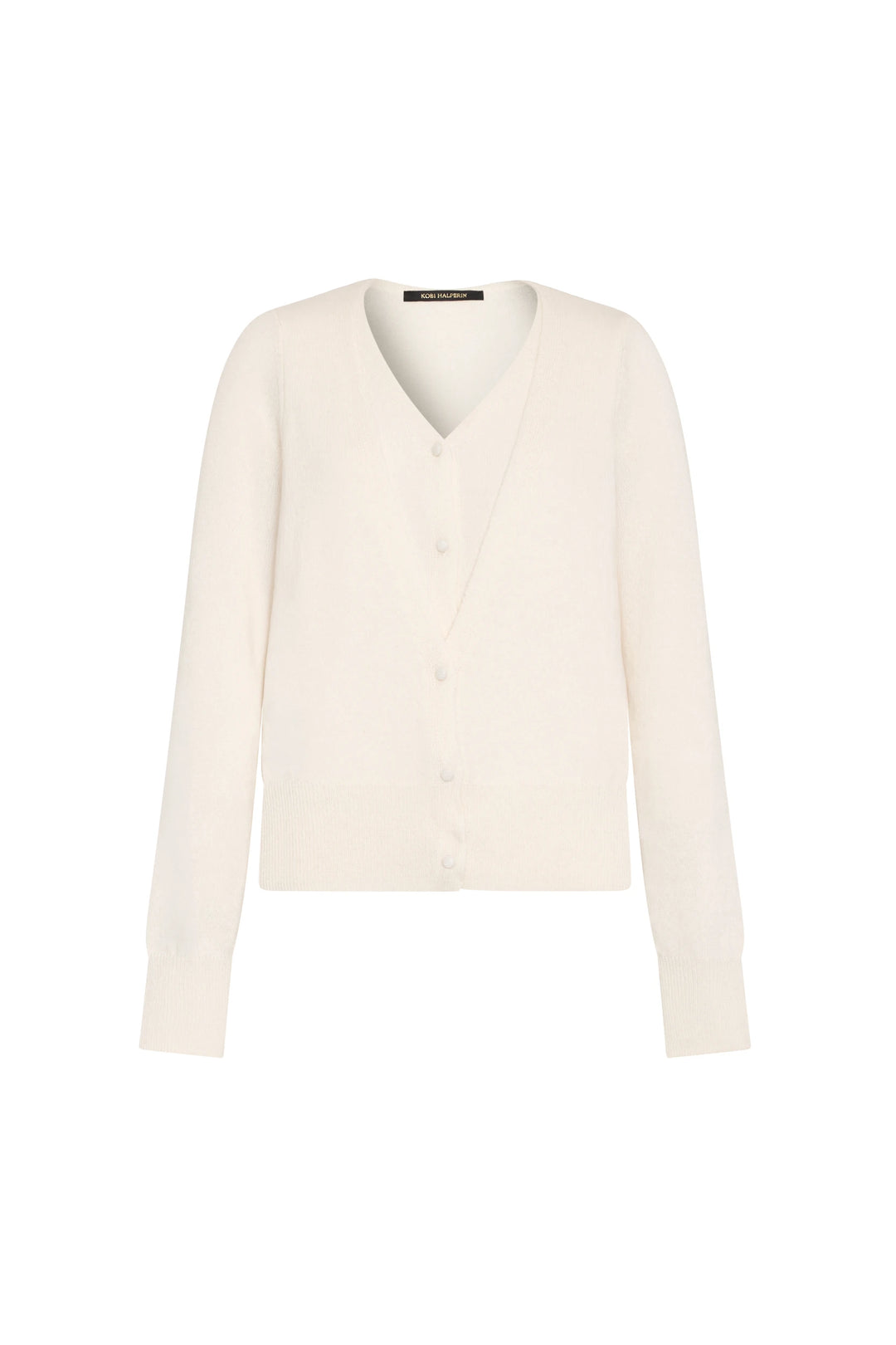 White cashmere V-neck cardigan, long sleeves, double layer, button-up front view on white.