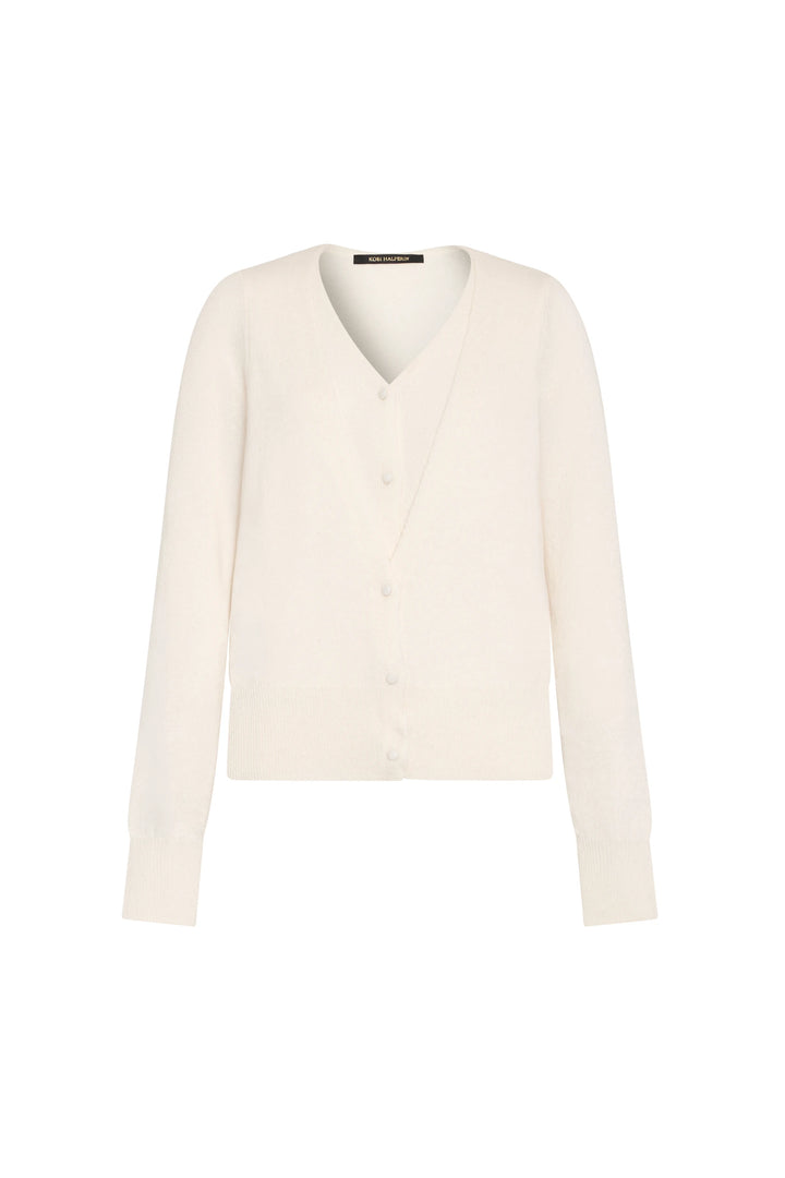 White cashmere V-neck cardigan, long sleeves, double layer, button-up front view on white.