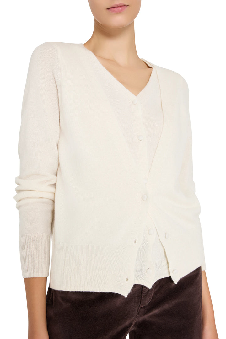 Slim-fit, double-layer cashmere cardigan with open front and ribbed trims; front view on model.