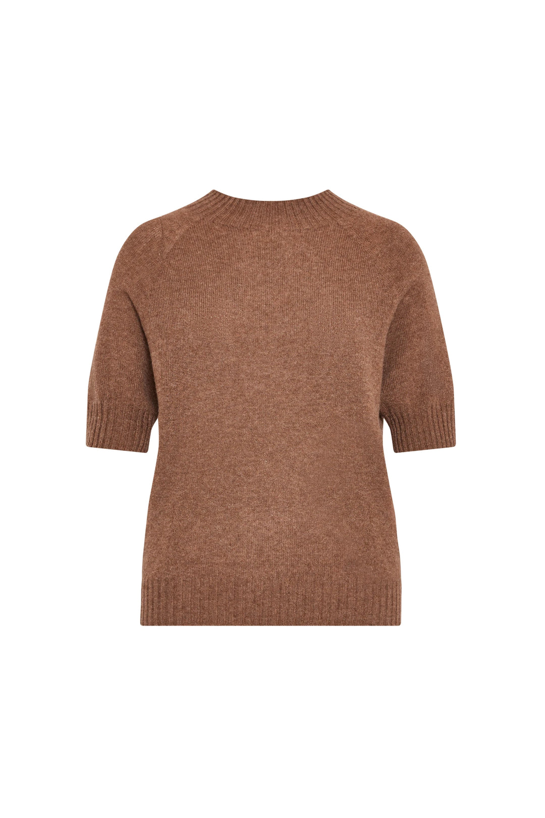Brown cashmere crew neck sweater with short sleeves, ribbed edges, classic fit; front view on white.