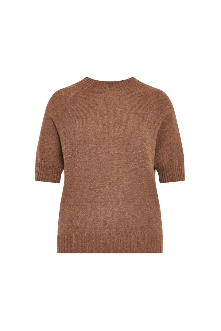 Brown cashmere crew neck sweater with short sleeves, ribbed edges, classic fit; front view on white.