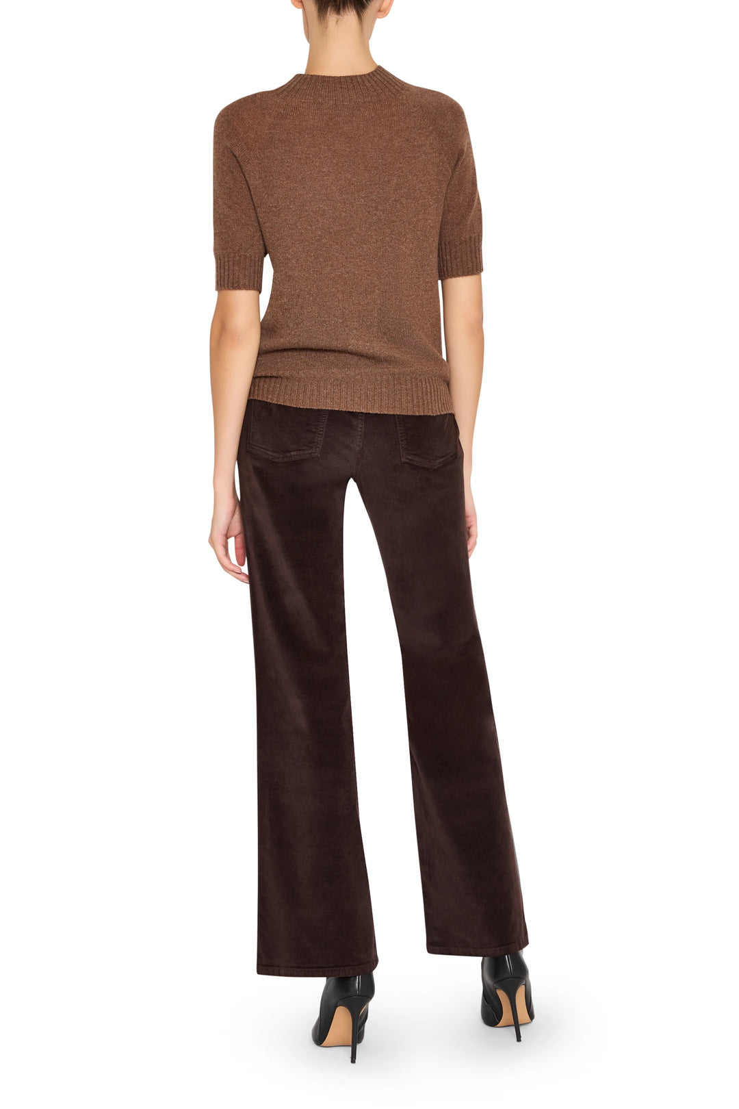 Crew neck cashmere sweater with classic fit and clean finish, back view on white.