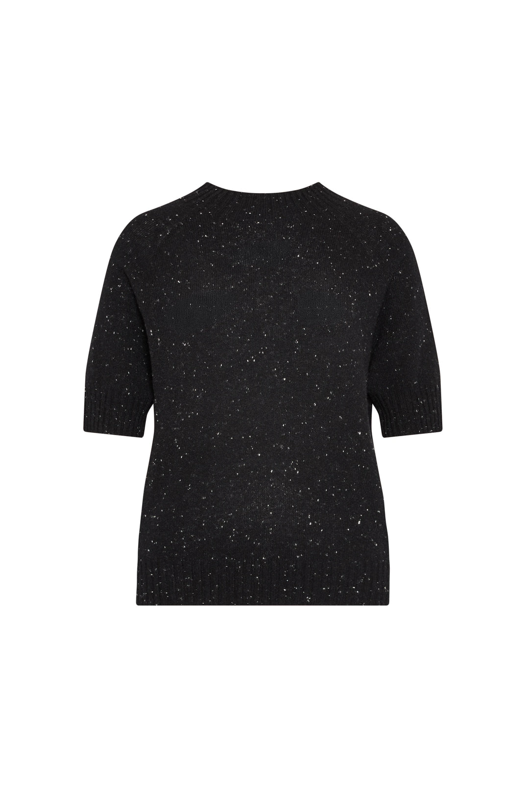 Black cashmere crew neck sweater, short sleeves, ribbed hem and cuffs, white speckle knit; front view on white.
