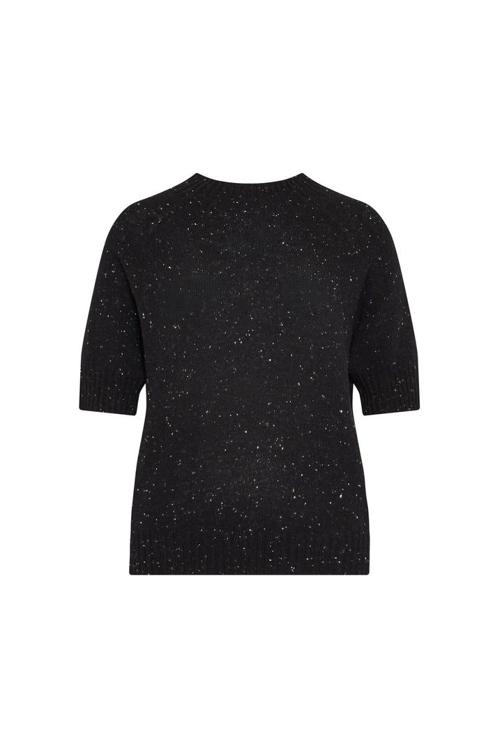 Black cashmere crew neck sweater, short sleeves, ribbed hem and cuffs, white speckle knit; front view on white.