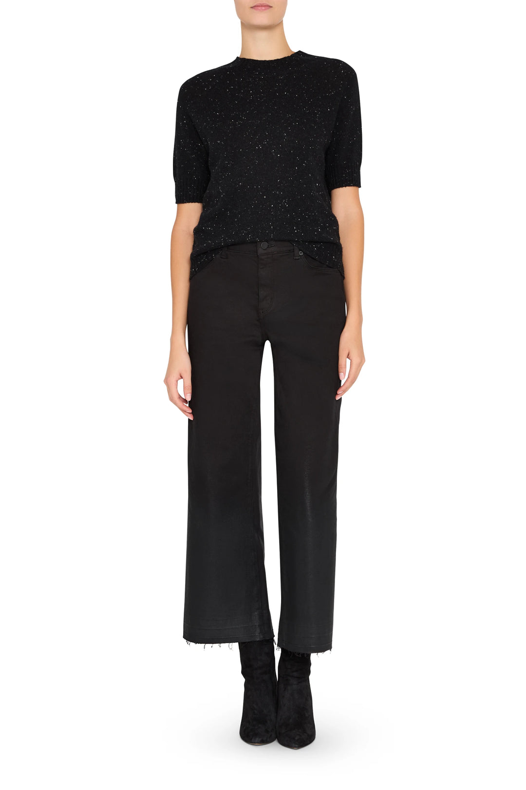 Cashmere crew neck sweater with classic fit and ribbed trim, front view on model.