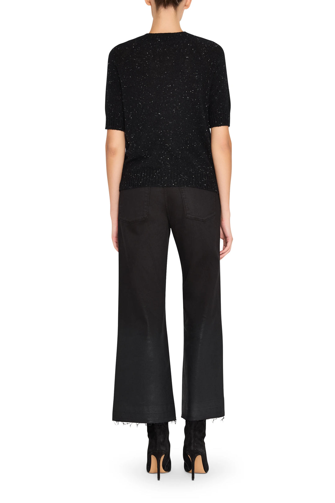 Cashmere crew neck sweater with classic fit and ribbed trim, long sleeves; back view on model.