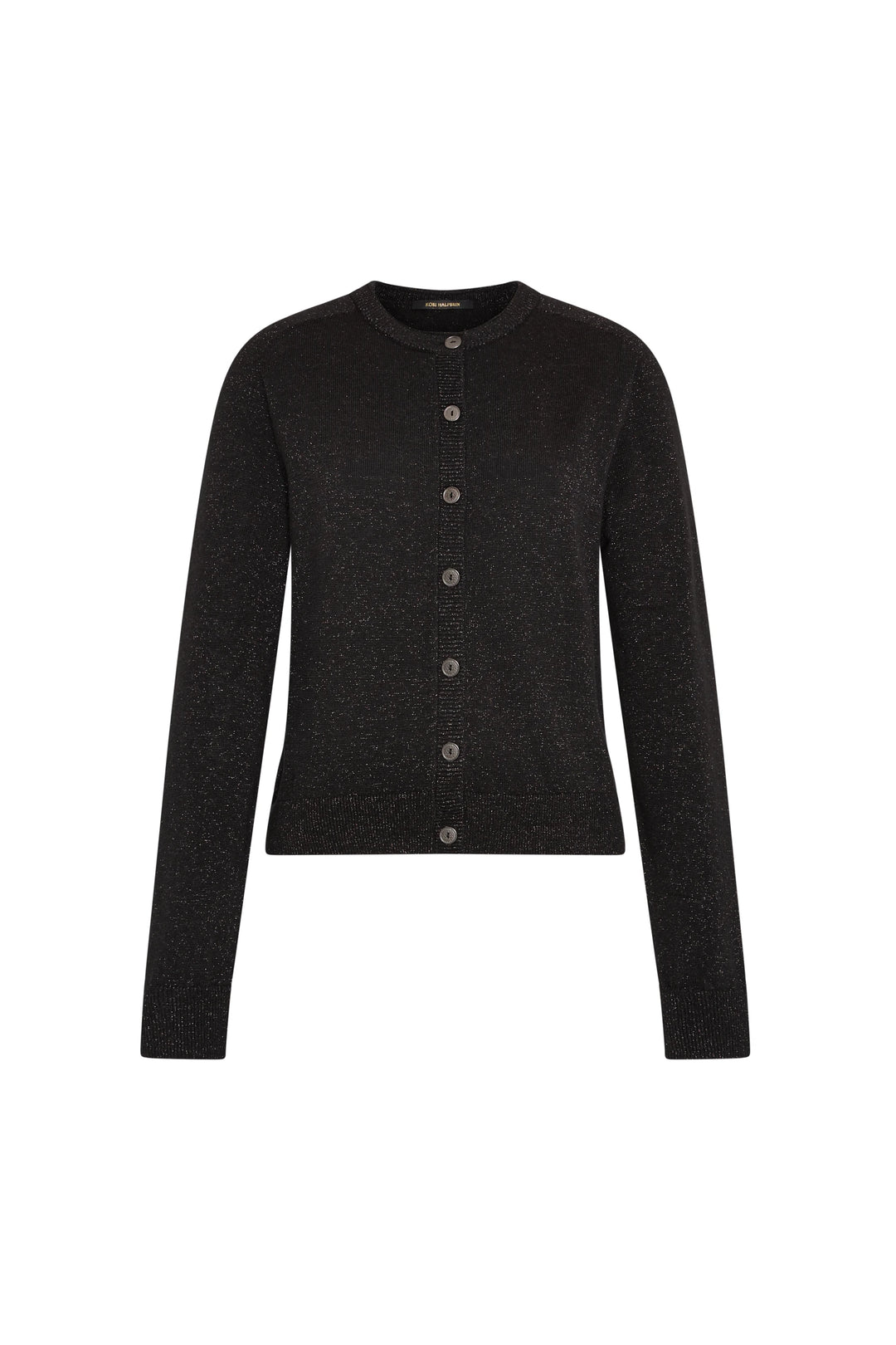 Black fine-gauge knit cardigan, button front, round neck, long sleeves; fitted silhouette. Front view on white.