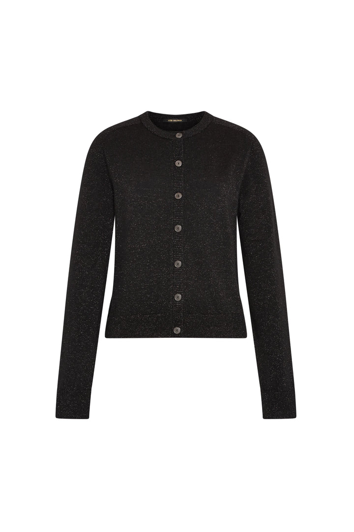 Black fine-gauge knit cardigan, button front, round neck, long sleeves; fitted silhouette. Front view on white.