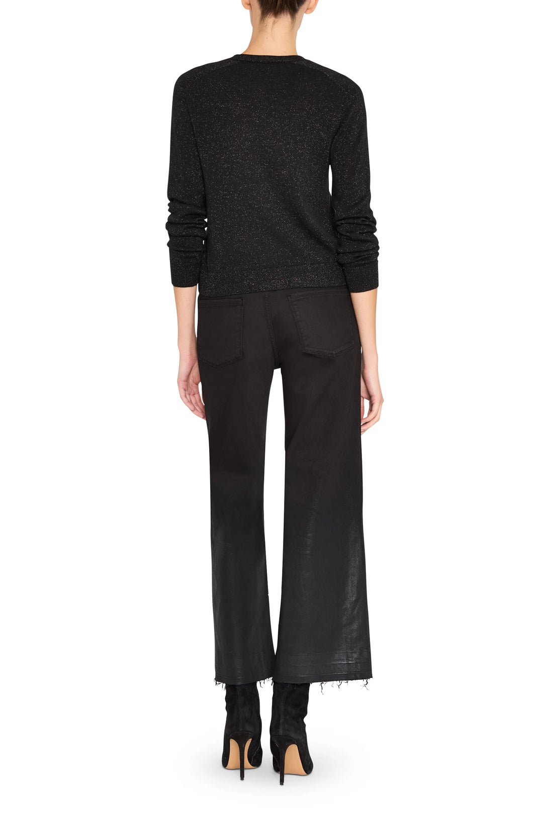 Relaxed silhouette black Khloe Sweater Cardigan with open front and ribbed cuffs, back view on model.