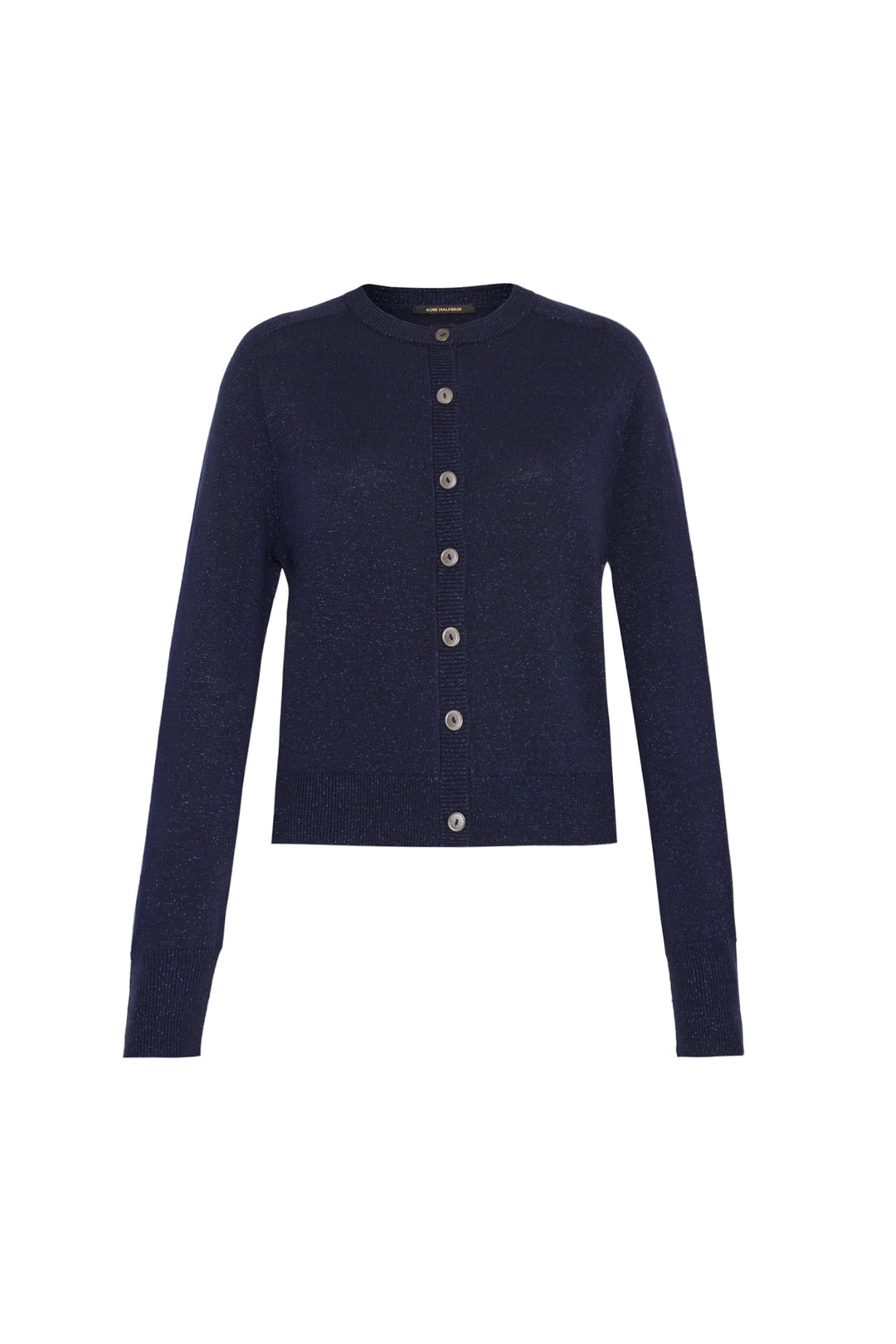 Navy blue fine-gauge knit cardigan, round neckline, button-up front, lightweight construction; front view on white.