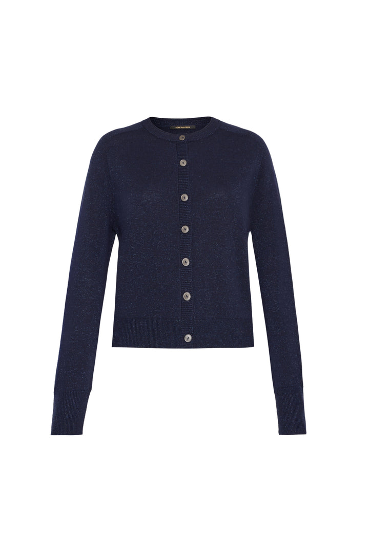 Navy blue fine-gauge knit cardigan, round neckline, button-up front, lightweight construction; front view on white.