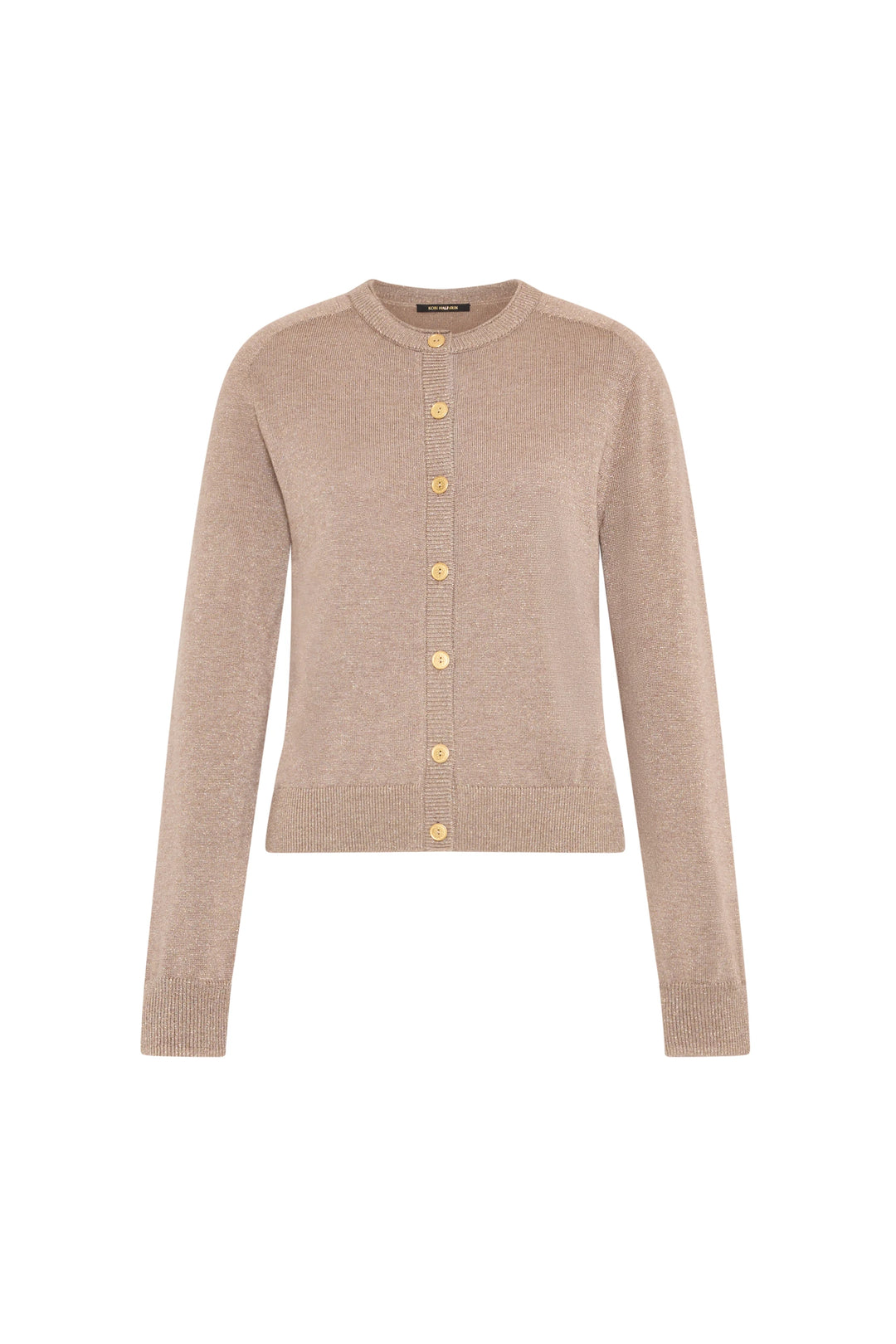 Beige fine-gauge knit cardigan with round neckline, gold buttons, fitted silhouette. Front view on white.