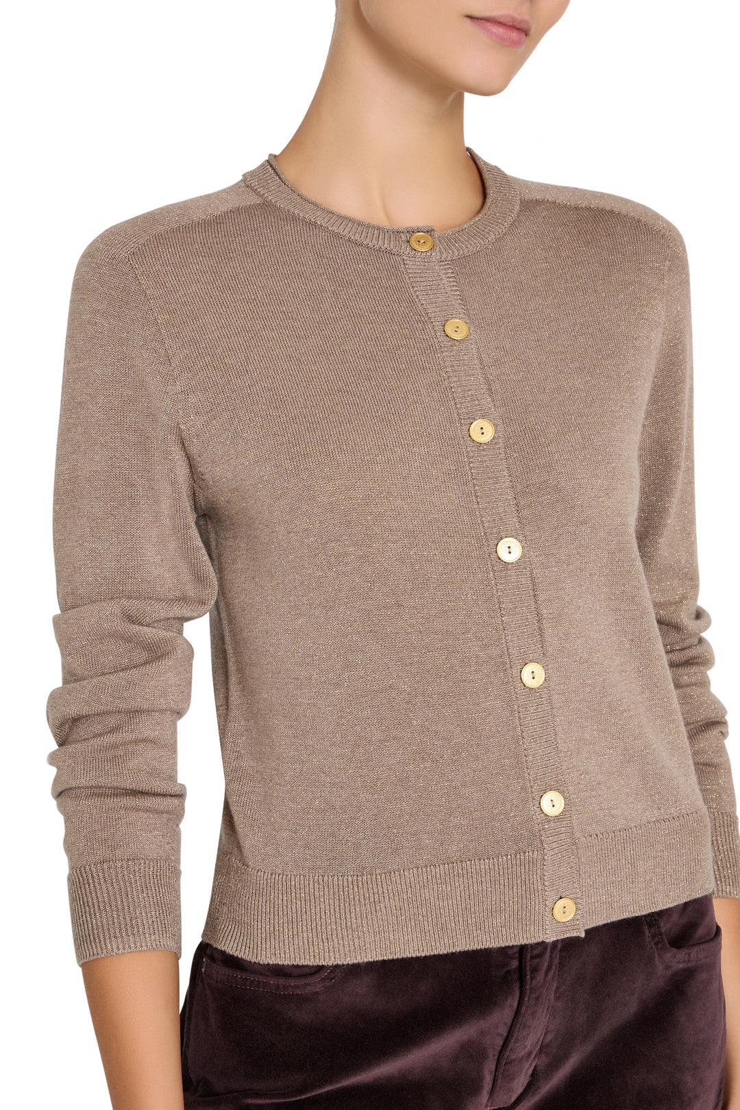 Fine-gauge knit cardigan with metal buttons, relaxed silhouette, ribbed trim; front view on model.