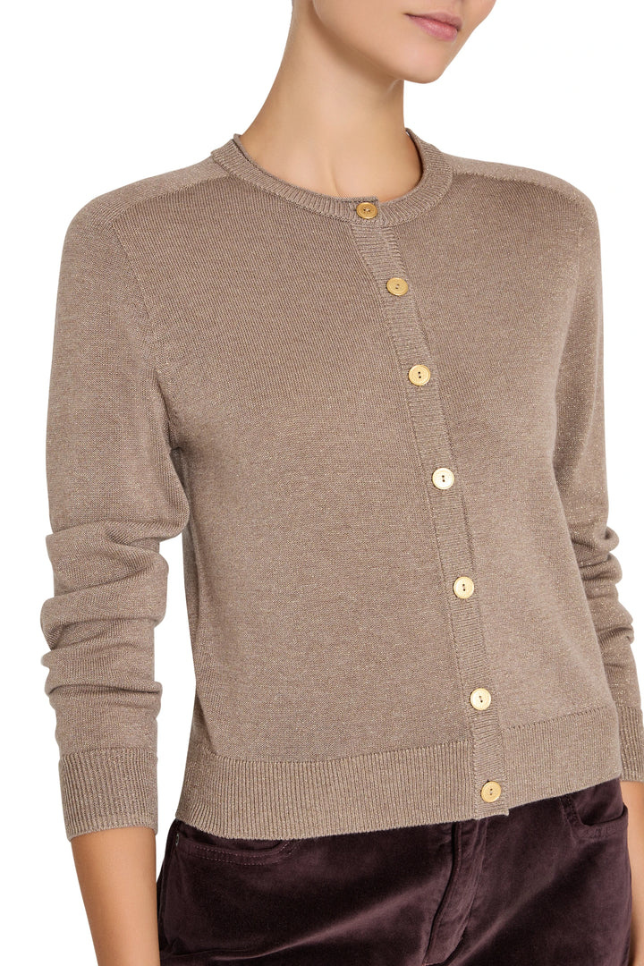 Fine-gauge knit cardigan with metal buttons, relaxed silhouette, ribbed trim; front view on model.
