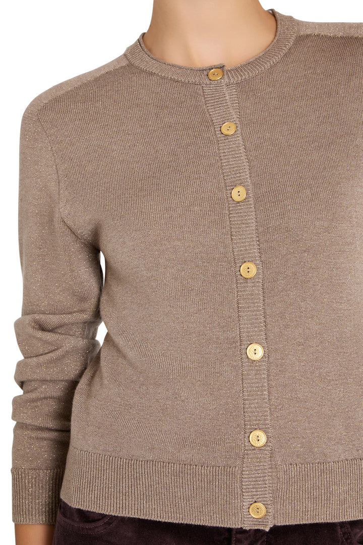 Fine-gauge knit cardigan with wooden buttons, relaxed silhouette, hip-length. Front view on model.