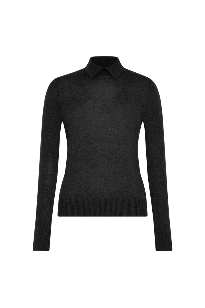 Black fine-gauge knit sweater with pointed collar, long sleeves, tailored silhouette; front view on white.