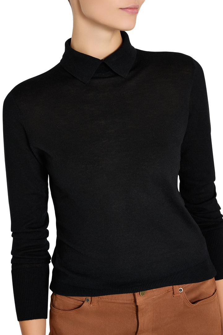 Slim fine-gauge knit sweater, collared neckline, lightweight construction; front view on model.