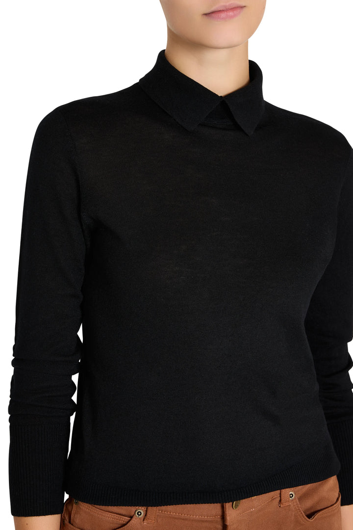 Karli Sweater, fine-gauge knit top with classic crewneck and slim silhouette; front view on model.