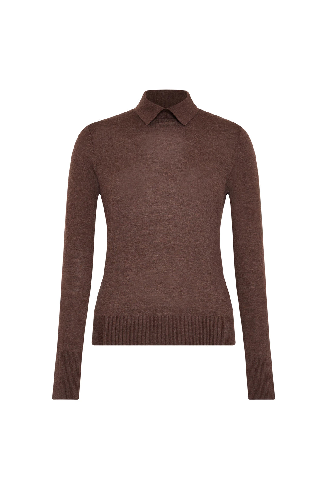 Brown fine-gauge knit sweater with collar, long sleeves, ribbed cuffs and hem. Front view on white.