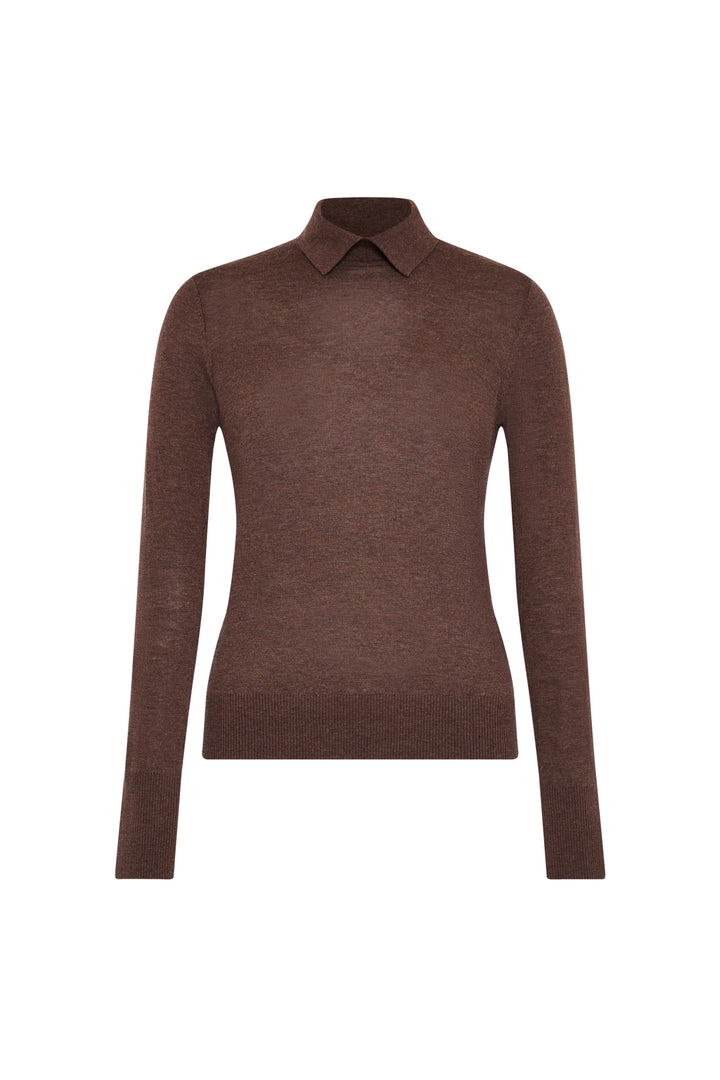 Brown fine-gauge knit sweater with collar, long sleeves, ribbed cuffs and hem. Front view on white.