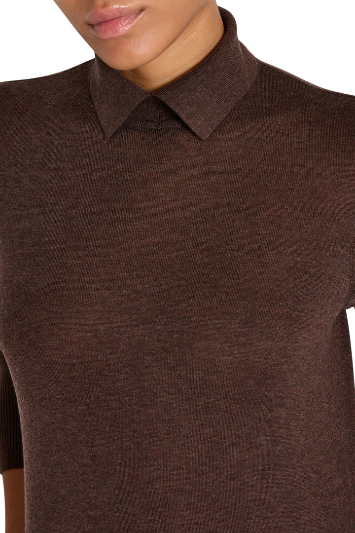 Fine-gauge knit polo with collar, short sleeves, streamlined fit. Front view on model.