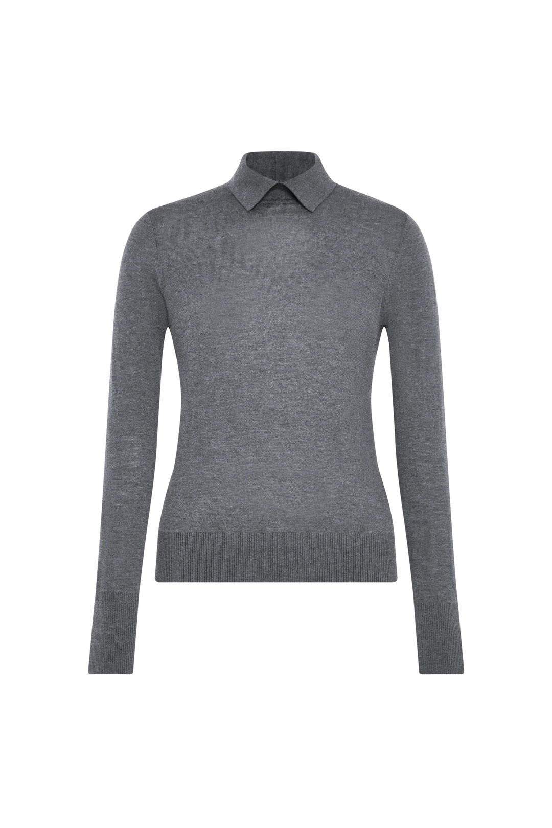 Long-sleeve fine-gauge knit sweater with pointed collar, ribbed cuffs, straight silhouette. Front view on white.