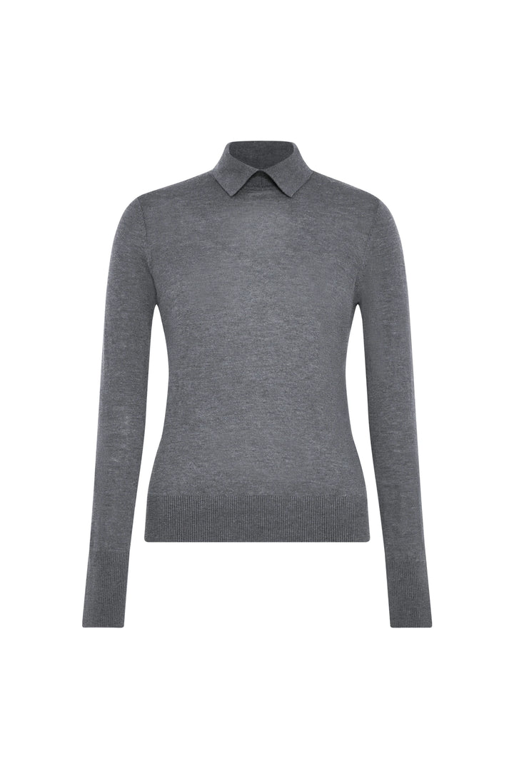 Long-sleeve fine-gauge knit sweater with pointed collar, ribbed cuffs, straight silhouette. Front view on white.