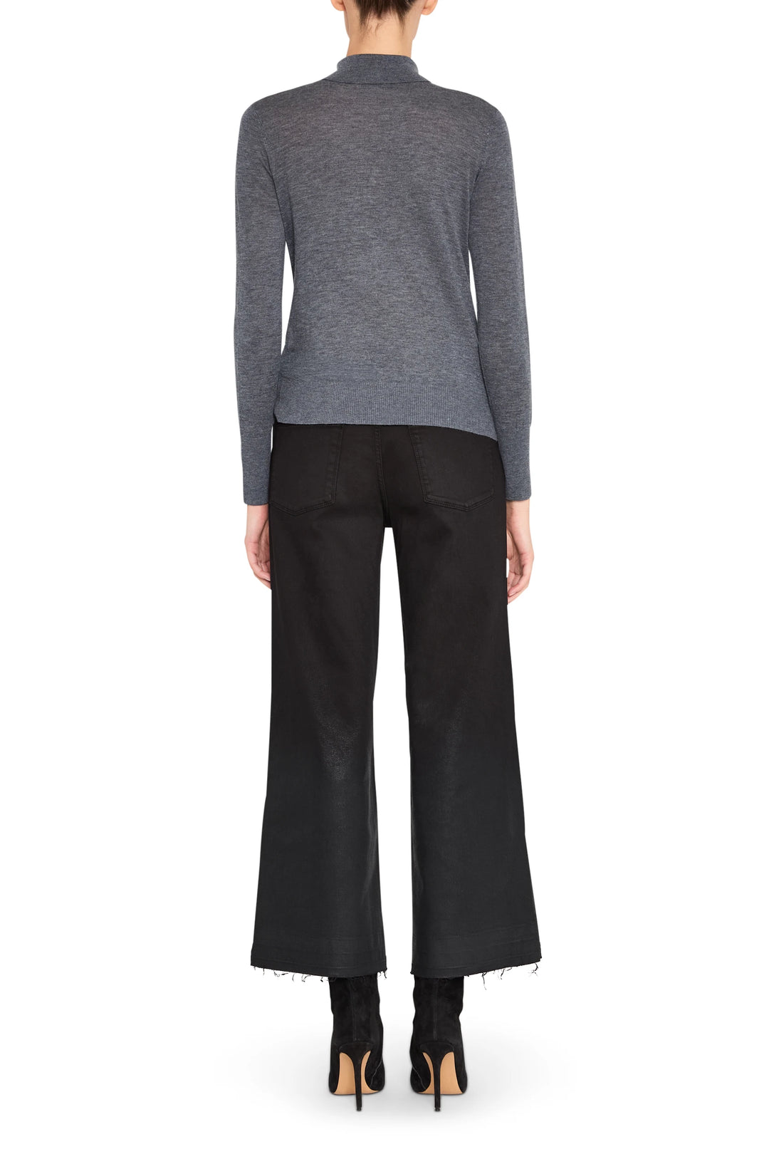 Relaxed fit gray Karli Sweater with ribbed hem and cuffs, long sleeves; back view on model.