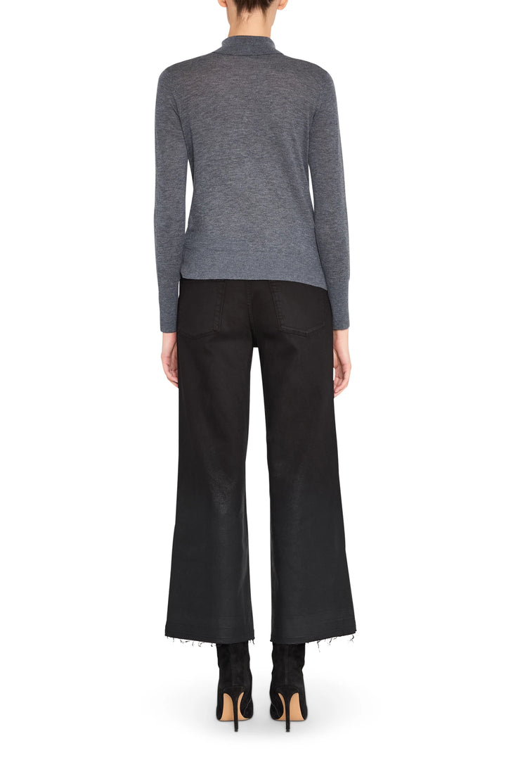 Relaxed fit gray Karli Sweater with ribbed hem and cuffs, long sleeves; back view on model.