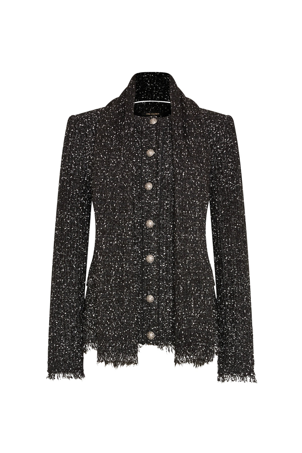 Cardigan silhouette in tweed with frayed hem, knit-style collar, silver buttons; front view on white.