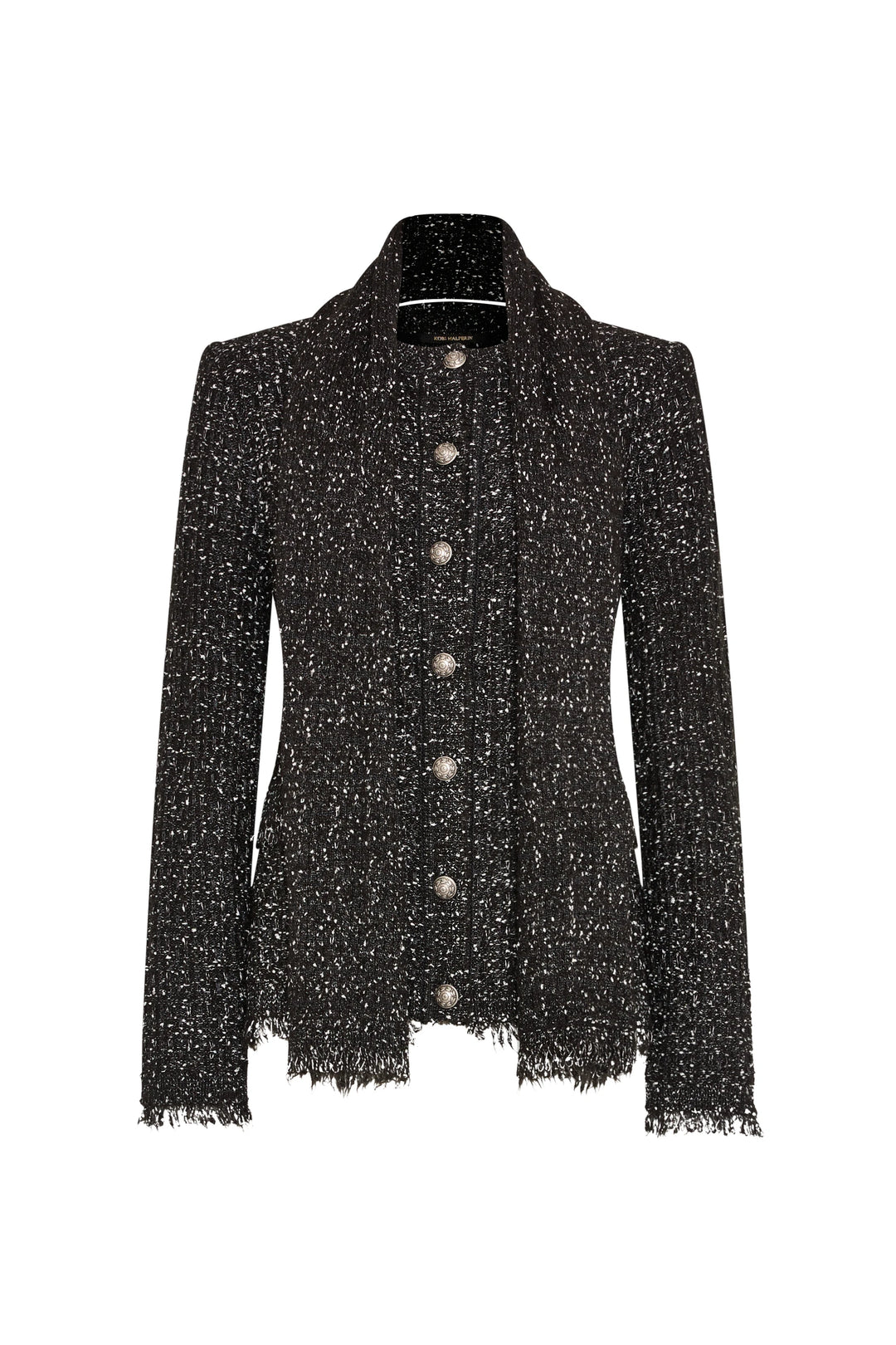 Cardigan silhouette in tweed with frayed hem, knit-style collar, silver buttons; front view on white.