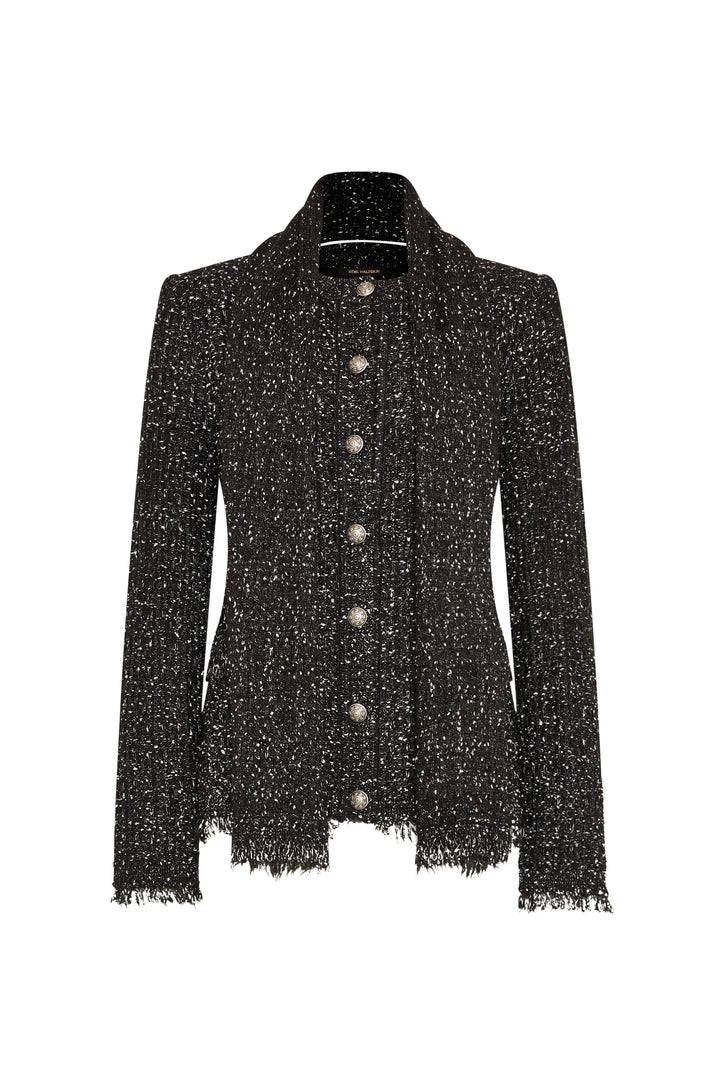 Cardigan silhouette in tweed with frayed hem, knit-style collar, silver buttons; front view on white.