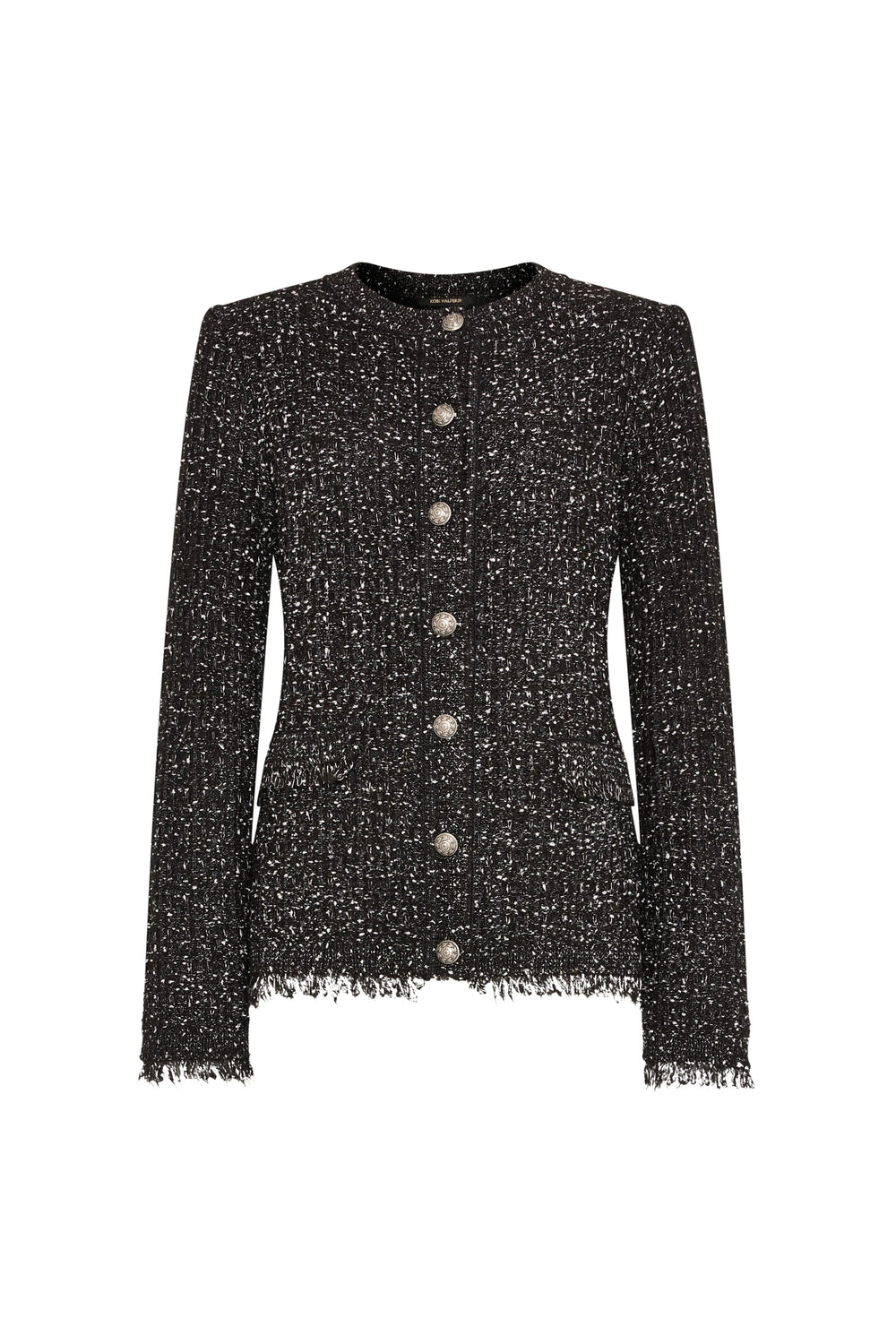 Black knit cardigan with metallic buttons, front pockets, frayed hem and cuffs. Front view on white.